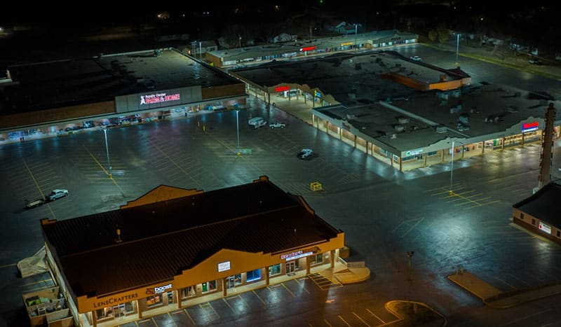 A night time aerial view of the State Fair Shopping center